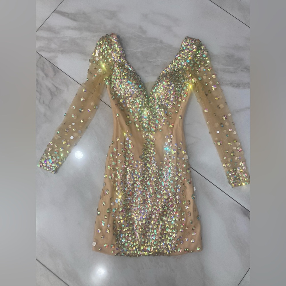 Crystal beaded dress , gold color , size 4
